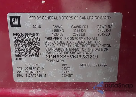 2018 Chevrolet Equinox Lt из США, поврежденный, VIN 2GNAXSEV6J6281219